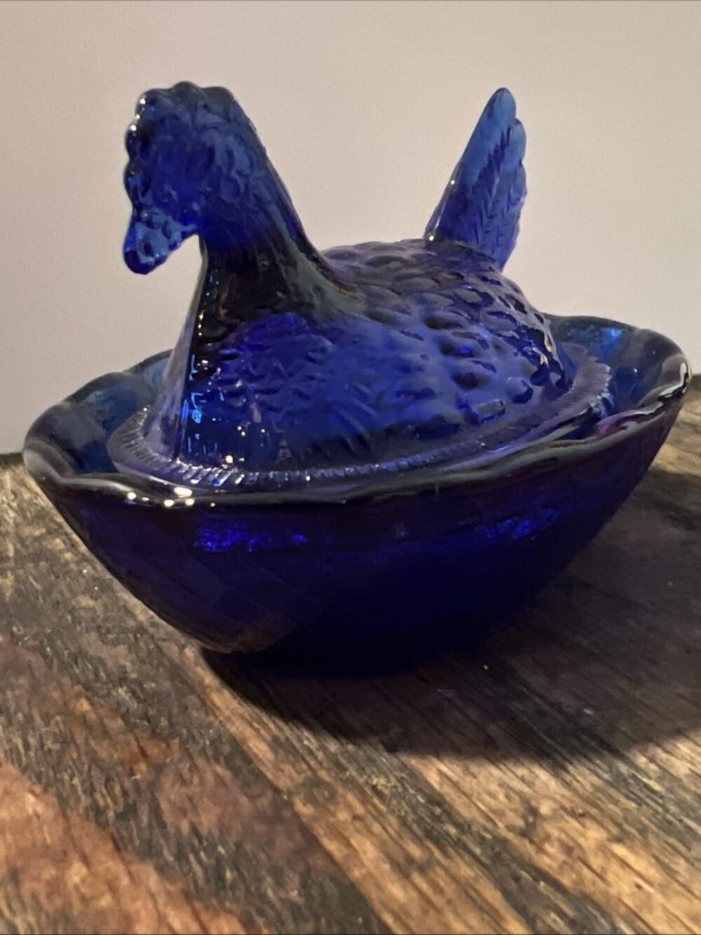 Vintage Cobalt Blue Glass 2.5" Miniature Hen on Nest Salt Cellar Trinket EUC